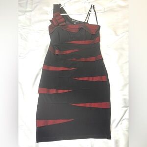 Valerie Bertinelli Black and Red Striped Mini Dress